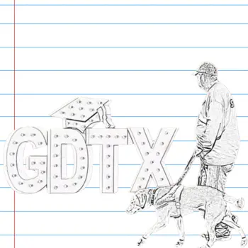 Pencil sketch of a man in a cap walking with his Labrador guide dog on a leash beside large marquee-style letters spelling ‘GDTX,’ with a graduation-cap or arrow shape above ‘TX,’ on notebook-style paper with blue lines and a red margin.