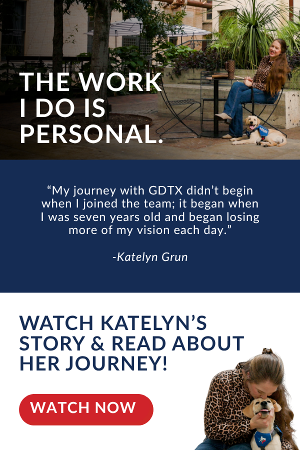 End of year appeal banner showing Katelyn sitting with the guide dog puppy Willa